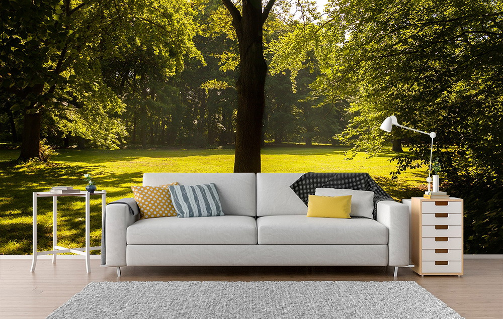 Fototapete - Wohnzimmer mit modernem Sofa und Tapete mit sonnigem Waldmotiv im Hintergrund