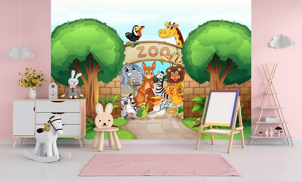 Fototapete - Illustration von Zootieren in einem Kinderzimmer mit Pferderocker und Hocker