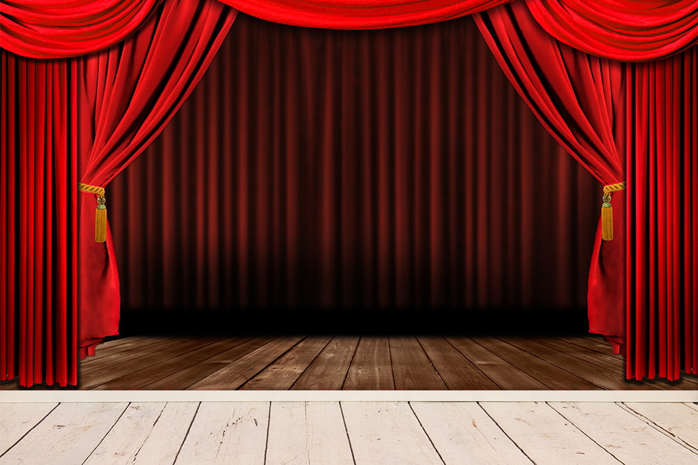 Wall mural - Red theatre curtains on a wooden stage