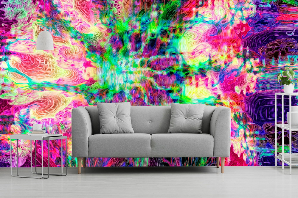 Papier peint photo - Motifs abstraits de tourbillons colorés comme fond dans le salon avec un canapé gris et des meubles modernes