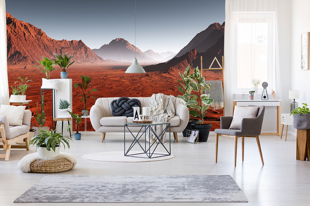 Papier peint photo - Salon moderne avec un papier peint mural représentant un paysage martien rouge, entouré de plantes et de meubles élégants.