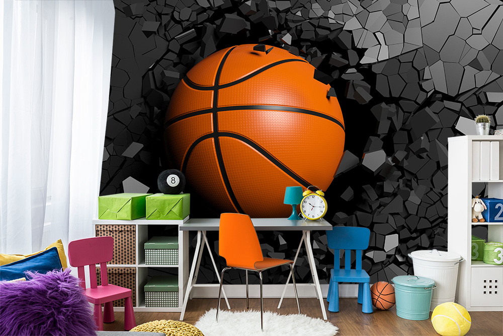 Fototapete - Großes Basketball-Motiv durchbricht eine graue Wand im Kinderzimmer