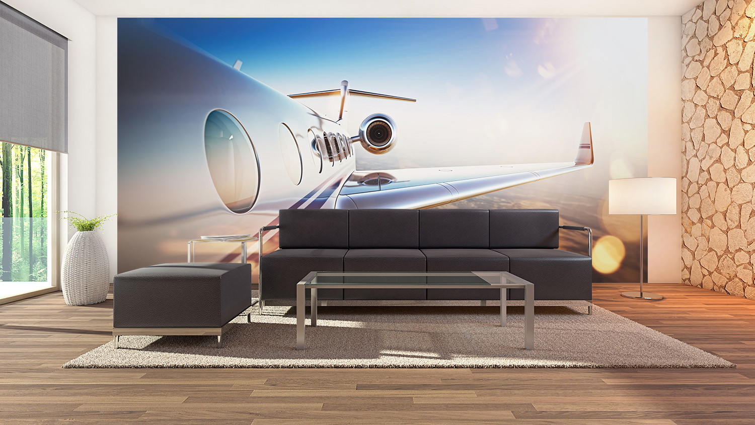 Wall mural - Side view of an aeroplane wing with sunbeams and blue sky