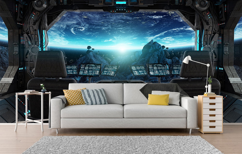 Muurschildering - Moderne sci-fi ruimtevaartscène met planeetzicht door ruimteschipraam met futuristisch ontwerp