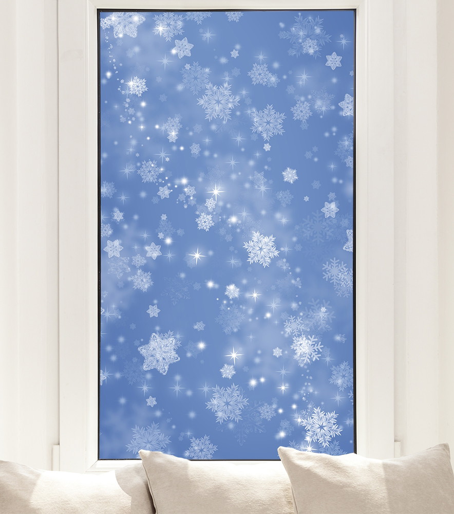 Fensterfolie - Illustration von Schneeflocken auf blauem Hintergrund, dekoriert mit funkelnden Sternen im Fensterrahmen