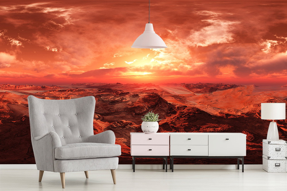 Papier peint photo - paysage martien rouge au coucher du soleil, idéal pour les intérieurs élégants