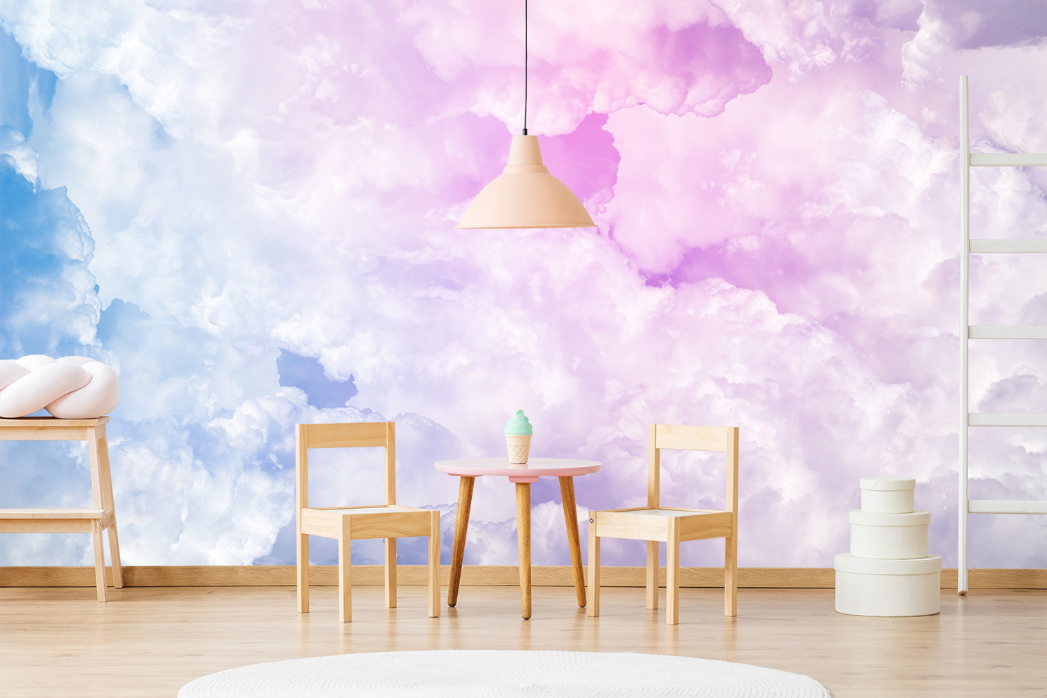 Fototapete - Bunte Wolkenlandschaft in Pastellfarben verleiht dem Kinderzimmer eine beruhigende und kreative Atmosphäre