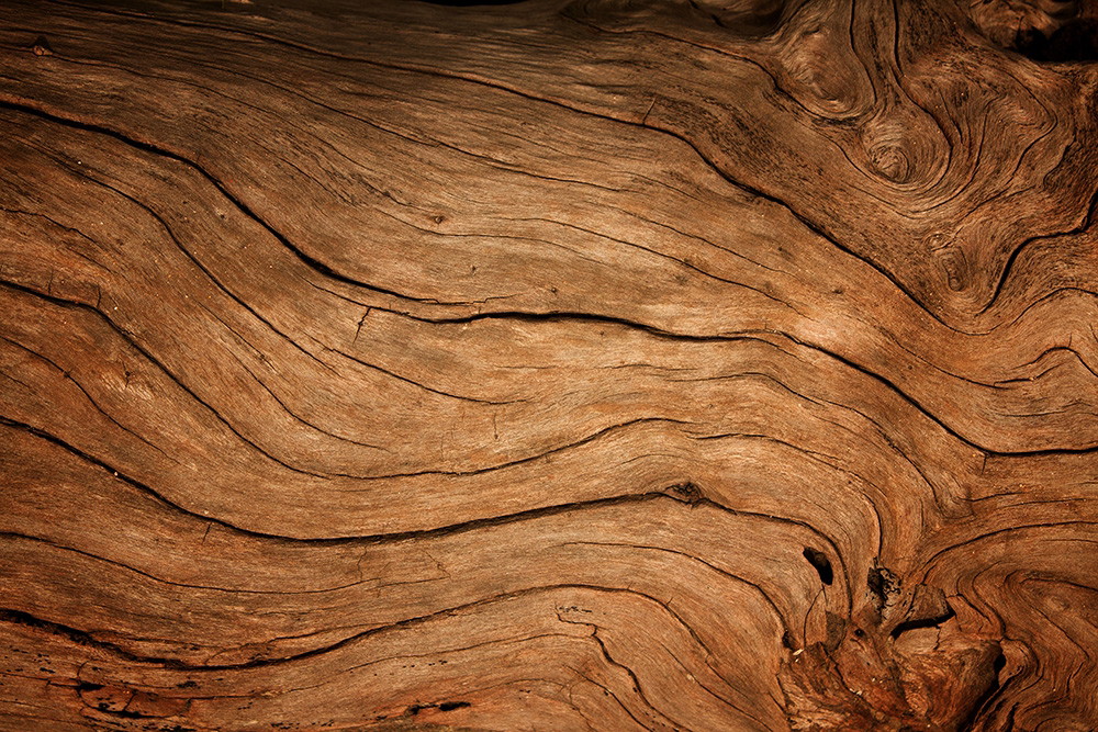 Muurschildering - Close-up van een natuurlijk houten oppervlak met gebogen nerven en warme, bruine kleuren