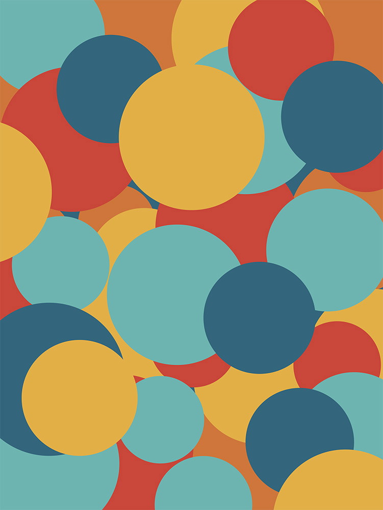 Fotobehang - Kleurrijke, overlappende cirkels in geel, blauw, rood en turkoois op een oranje achtergrond