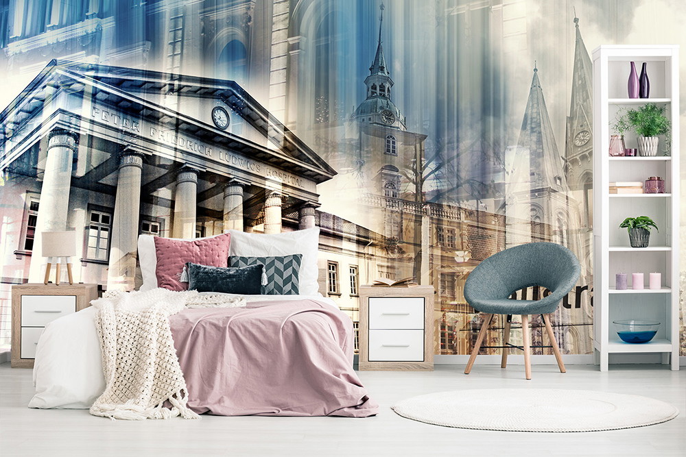 Fototapete - Schlafzimmer mit stilvollem Architekturdesign auf der Wandtapete und eleganter Einrichtung in sanften Farben