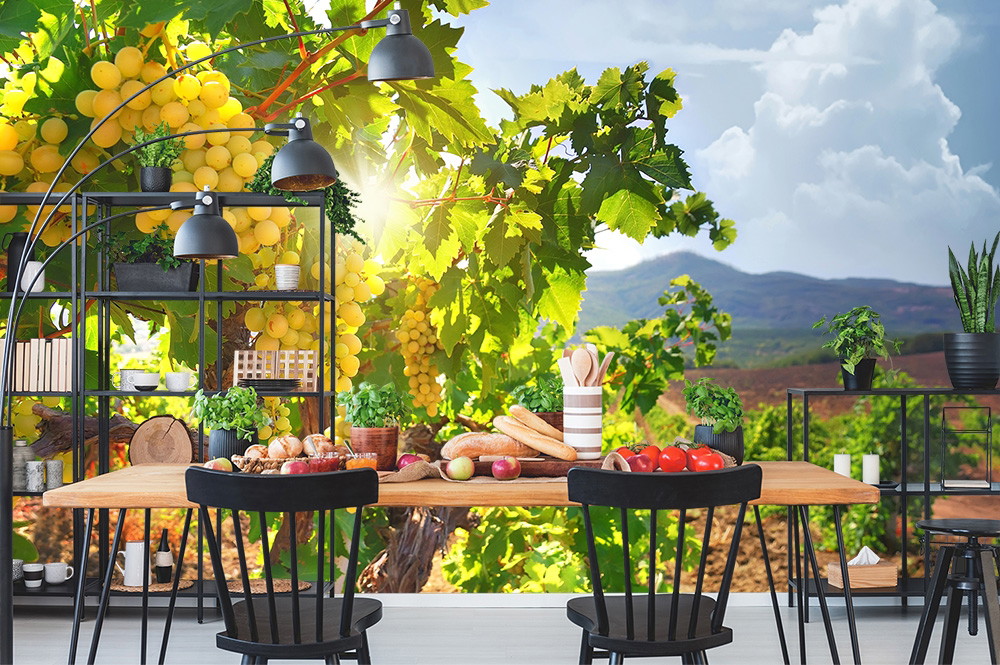 Papier peint photo - salle à manger avec une peinture murale de vignes et un paysage ensoleillé en arrière-plan