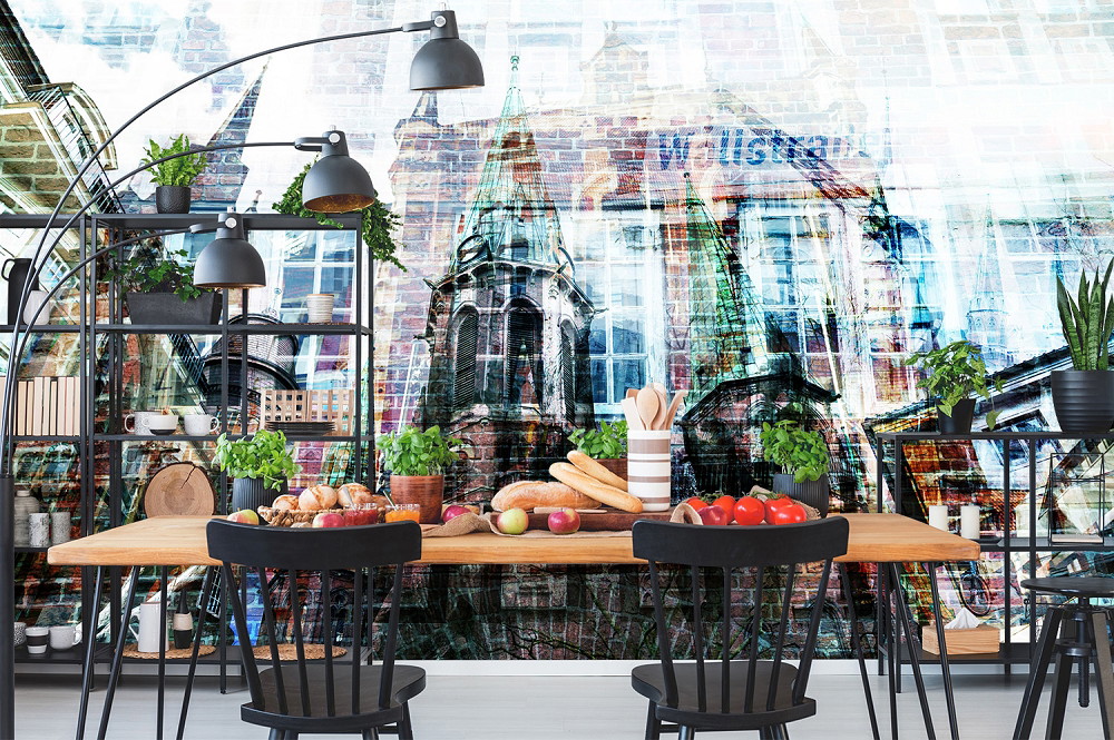 Papier peint photo - salle à manger avec table et chaises, lampes, étagères et un papier peint photoréaliste d'une façade de bâtiment gothique