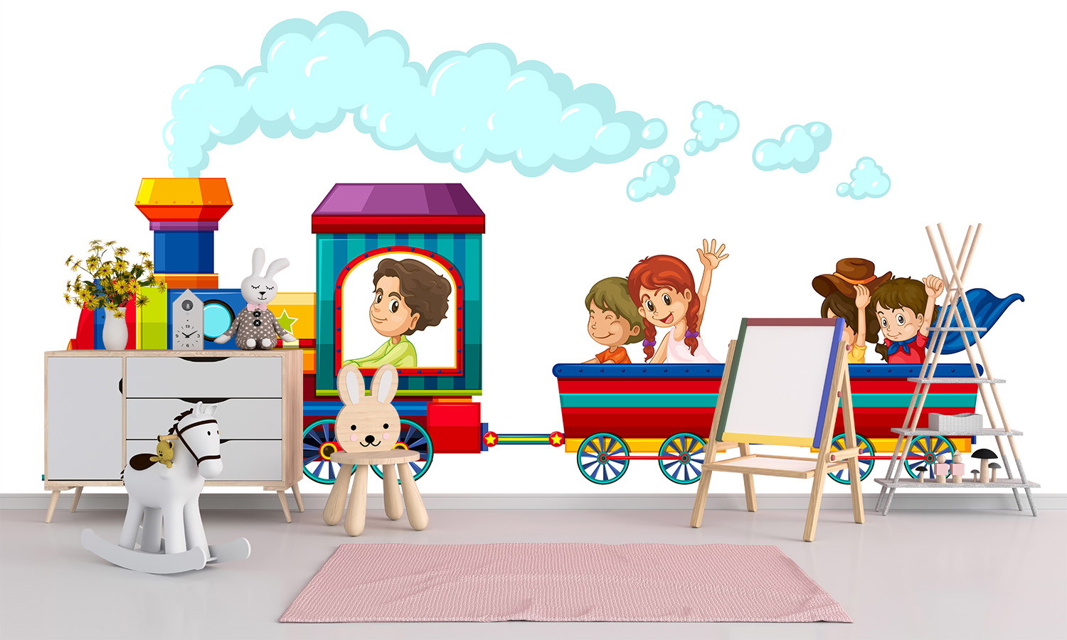 Wall mural - Colourful children's train as wall decoration in a playroom with toys and furniture