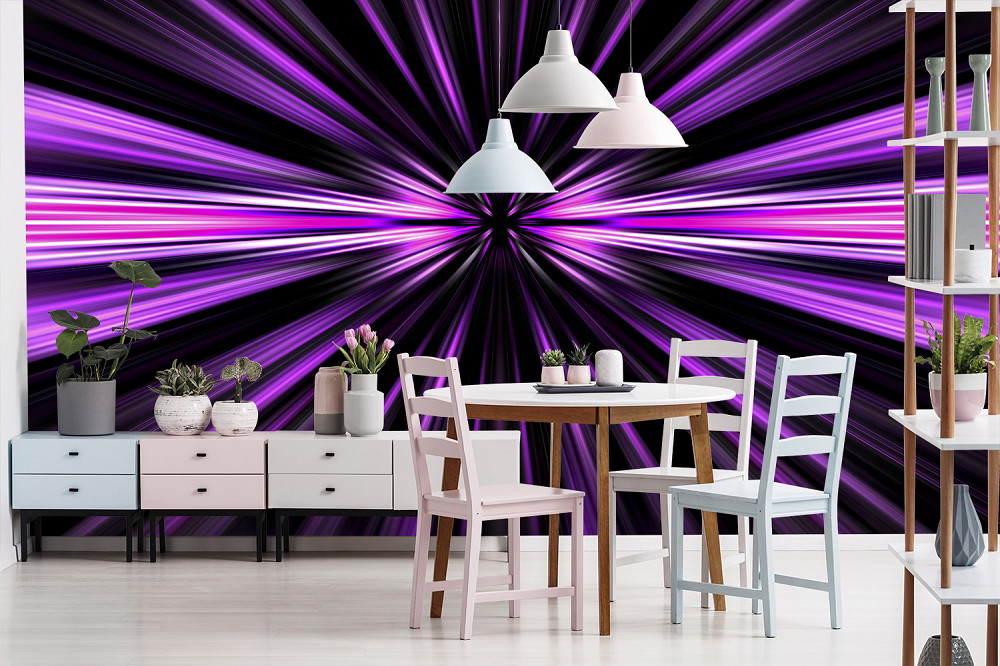 Papier peint photo - salle à manger avec des meubles blancs et roses, grand papier peint mural avec des rayons de lumière violets et noirs