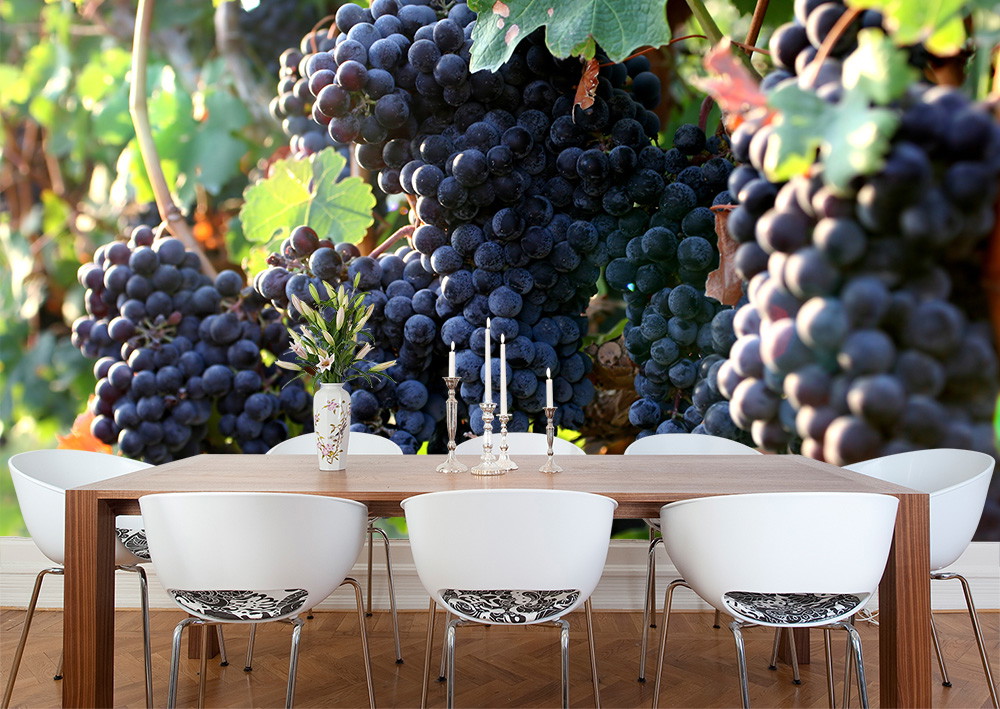 Wall mural - Dining area with white table, chairs and background of a wall mural with lush, ripe grapes in an atmospheric setting.