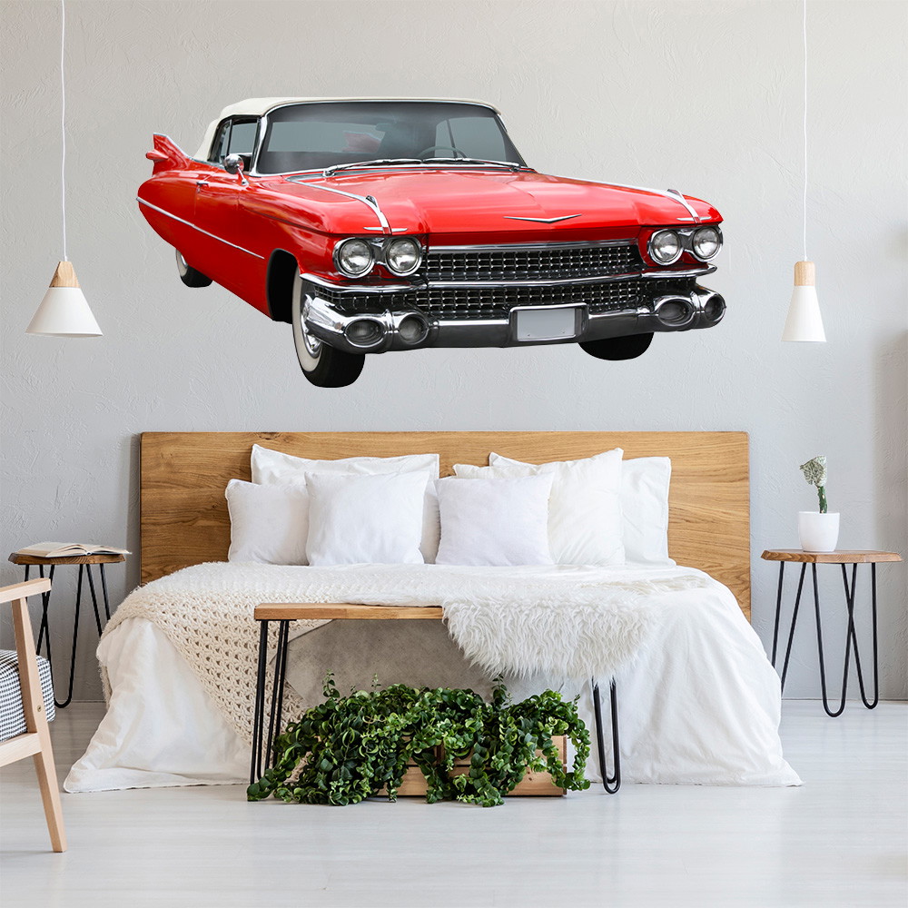 Muurschildering - Rode oldtimer boven een bed in een moderne slaapkamer, ingericht met minimalistische meubels en planten