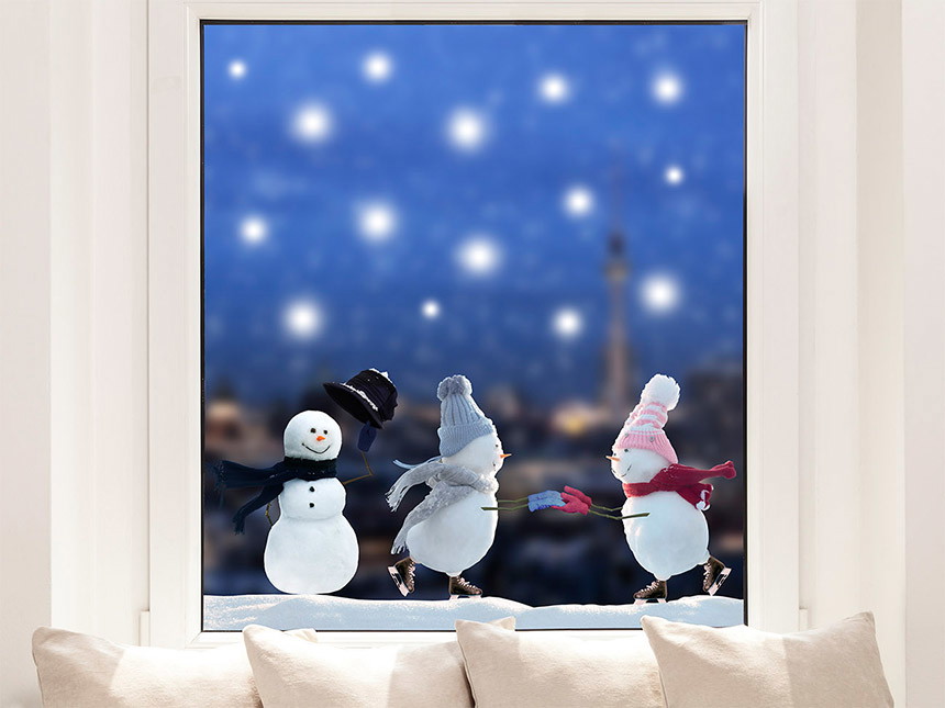Fensersticker - Bonhomme de neige dansant avec des flocons de neige