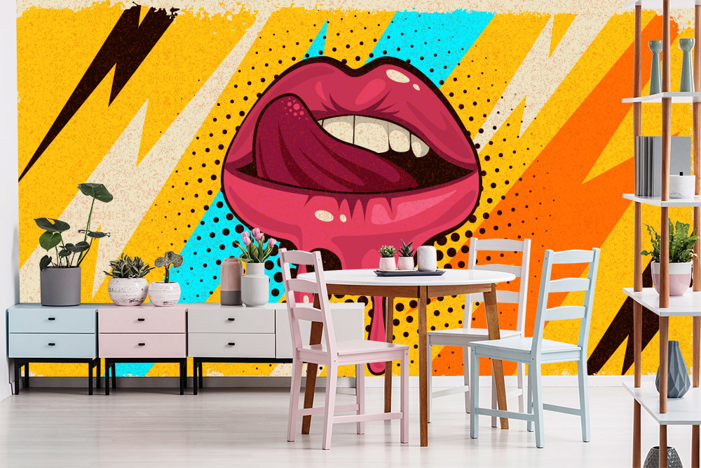 Fototapete - Esszimmer mit Pop-Art-Wandgestaltung, zeigt bunte Lippen und abstrakte Muster