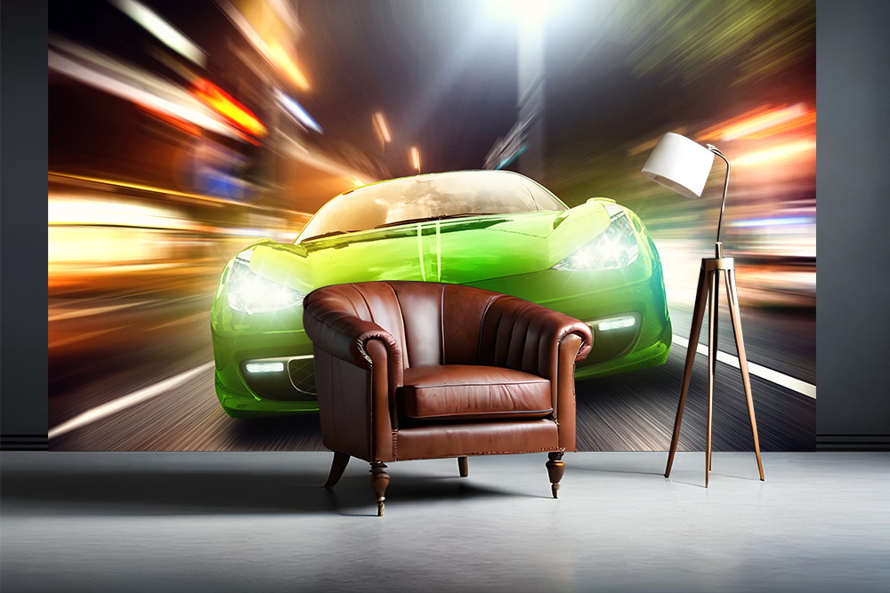 Papier peint photo - Papier peint photo moderne avec une voiture de course verte en mouvement et un fauteuil stylé ainsi qu'un lampadaire au premier plan