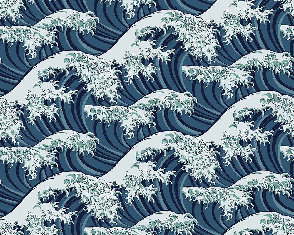 Papier peint photo - Illustration de vagues d'océan stylisées au design japonais avec des couleurs bleues et blanches