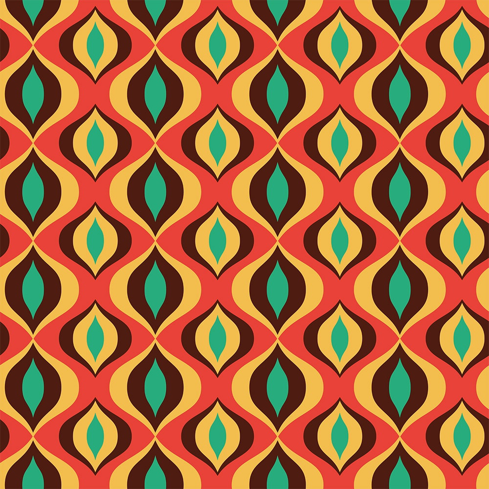 Fototapete - Buntes Retro-Muster mit symmetrischen, mandelförmigen Elementen in Rot, Orange, Braun und Grün