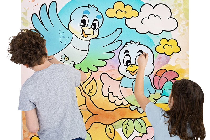Kleurplaat - Twee kinderen kleuren een achtergrond