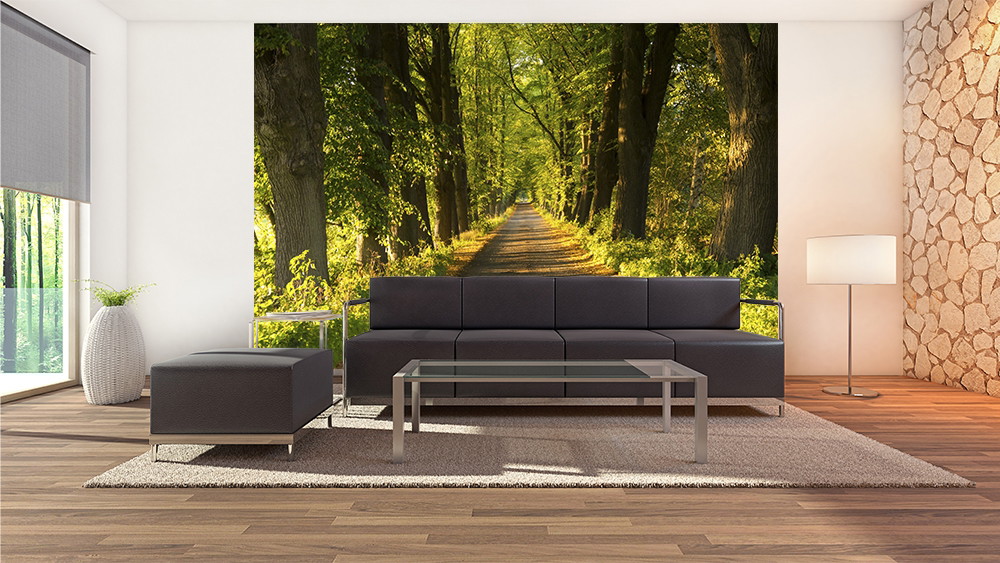 Fototapete - Wohnzimmer mit moderner Einrichtung und Bild einer Allee im Sonnenlicht