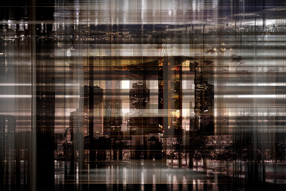 Fototapete - Abstrakte Stadtlandschaft bei Nacht, durchzogen von vertikalen und horizontalen Linien, die moderne Architektur widerspiegeln