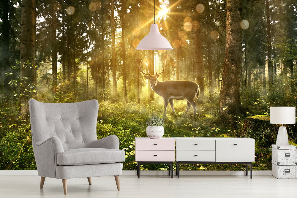 Wall mural - A majestic stag in a sun-drenched forest, surrounded by furniture in a modern designed room