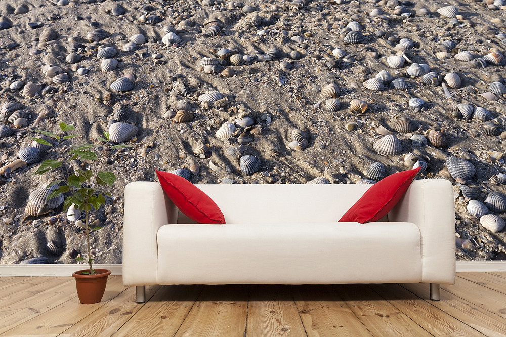 Fototapete - Nahaufnahme von Sand und Muscheln als Wanddekoration hinter einem Sofa