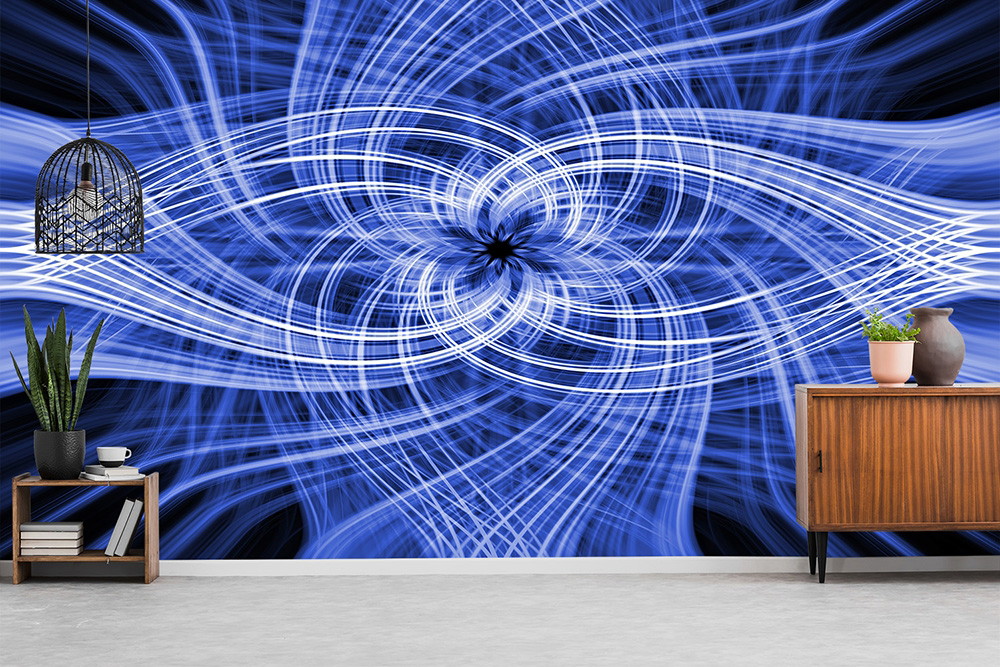 Fototapete - Abstraktes Kunstwerk mit blauen und weißen verwobenen Linien, das einen hypnotischen visuellen Effekt erzeugt, ideal für moderne Wohnräume