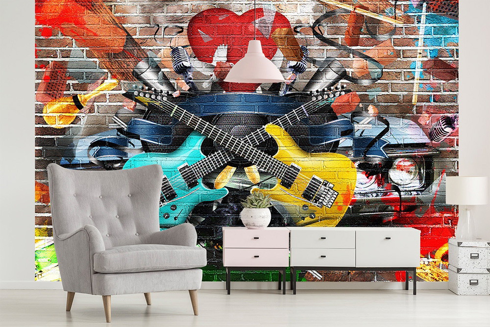 Fototapete - Kreative Wandgestaltung mit Gitarren, Mikrofonen und lebendigen Farben für Musikfans