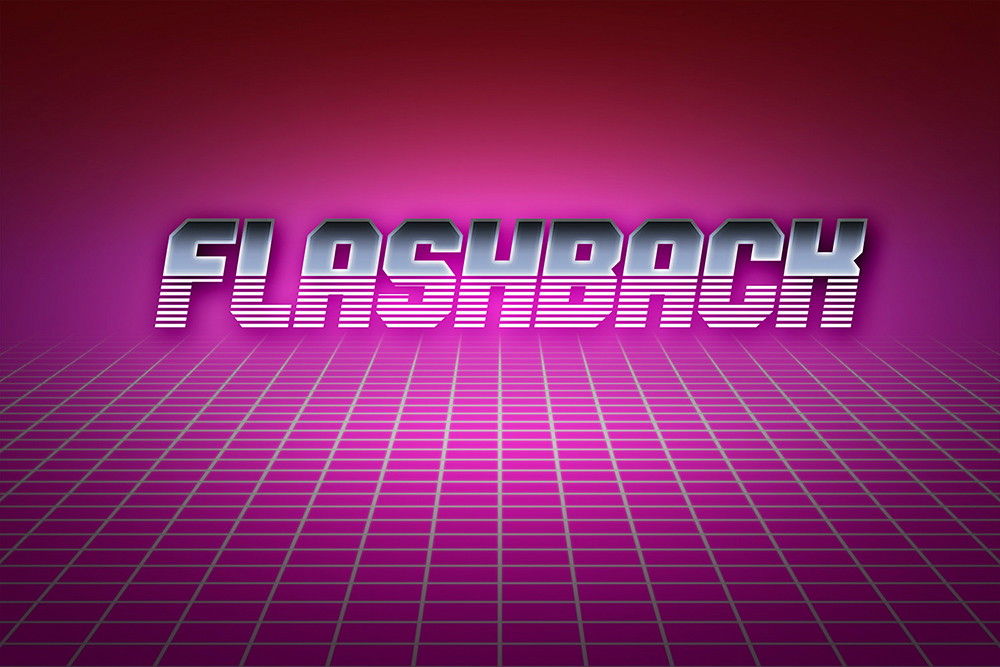 Papier peint photo - Design rétro-futuriste avec le mot 'Flashback' sur un fond violet tramé