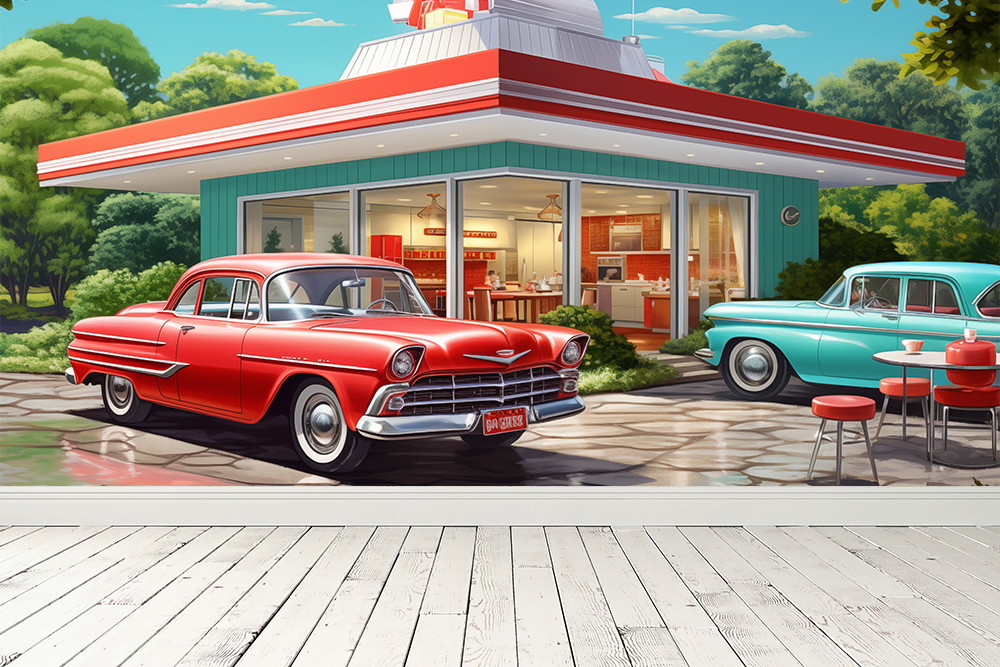 Fototapete - Retro-Diner mit zwei klassischen Autos, einem roten und einem türkisfarbenen, auf einem Parkplatz vor einer malerischen Landschaft mit Bäumen und blauem Himmel.