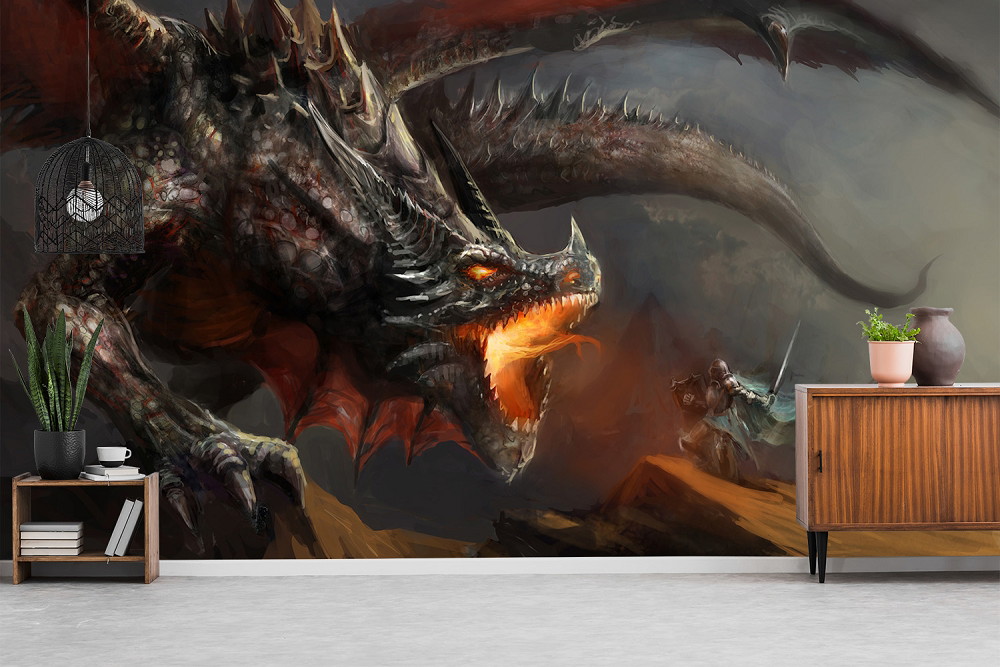 Fototapeta ścienna - Imponujące przedstawienie ziejącego ogniem smoka w walce z rycerzem, idealne dla miłośników fantasy