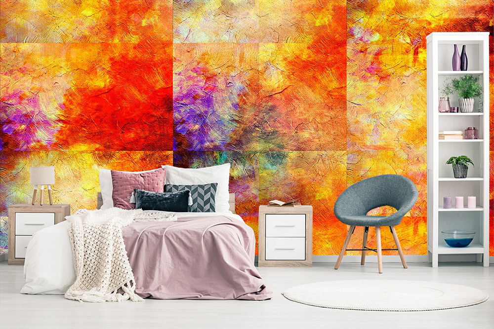 Fototapete - Schlafzimmer mit bunter abstrakter Wand und stilvoller Einrichtung