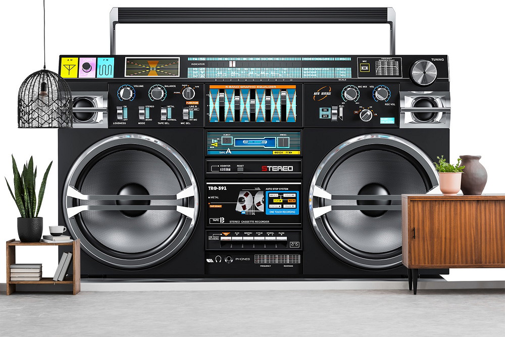 Wall mural - Large boombox motif as wall decoration next to modern furnishings with plants and furniture