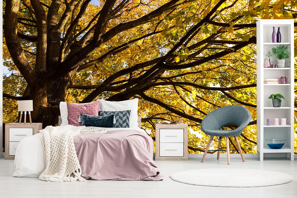 Fototapeta ścienna - Sypialnia z imponującą fototapetą ścienną przedstawiającą duże drzewo w jesiennych kolorach, uzupełniona nowoczesnymi meblami i dekoracjami.