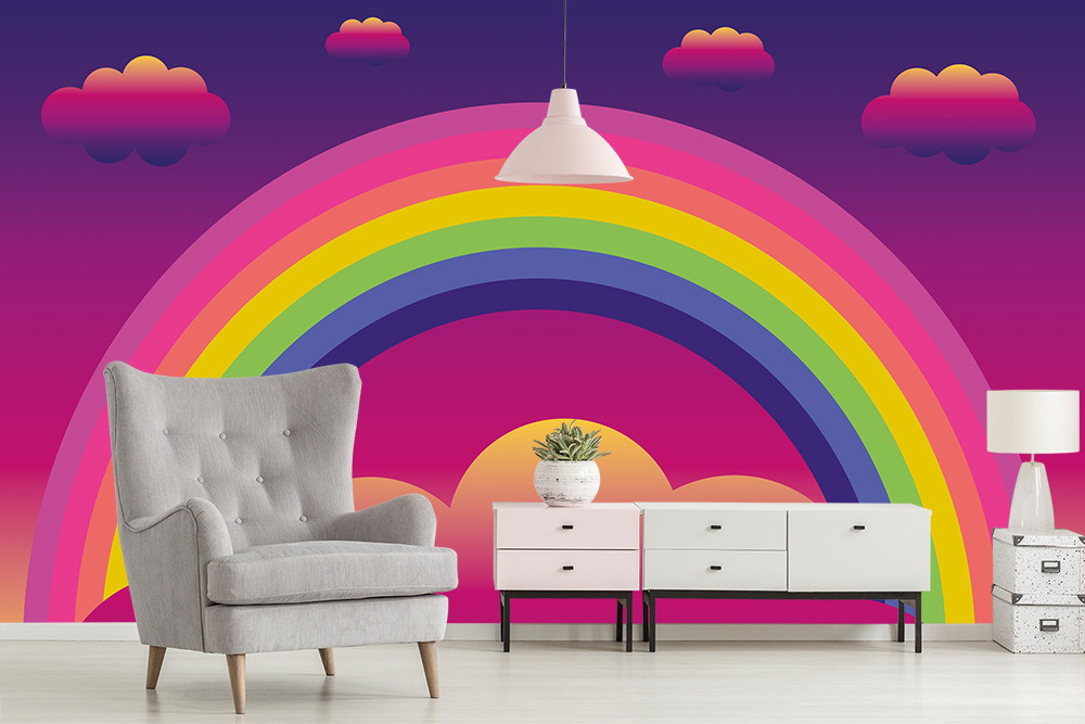 Fototapete - Stilvolles Wohnzimmer mit bunter Regenbogenwand und modernen Möbeln