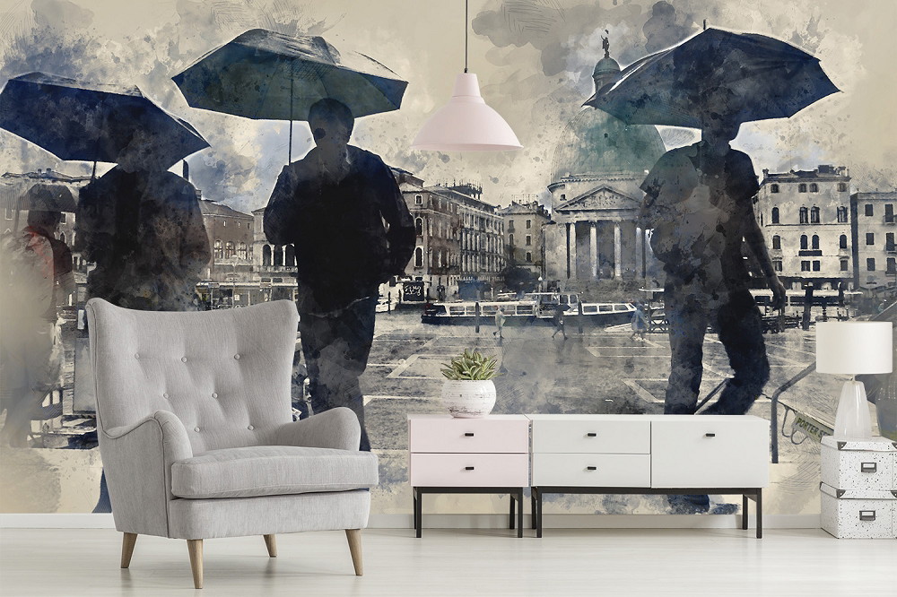 Fototapete - Silhouetten von Menschen mit Regenschirmen vor historischer Kulisse