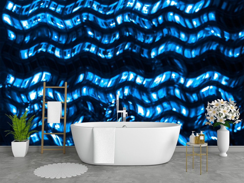 Fototapete - Badezimmer mit weißer Badewanne, Wellenmuster an der Wand, Pflanzen und Blumen