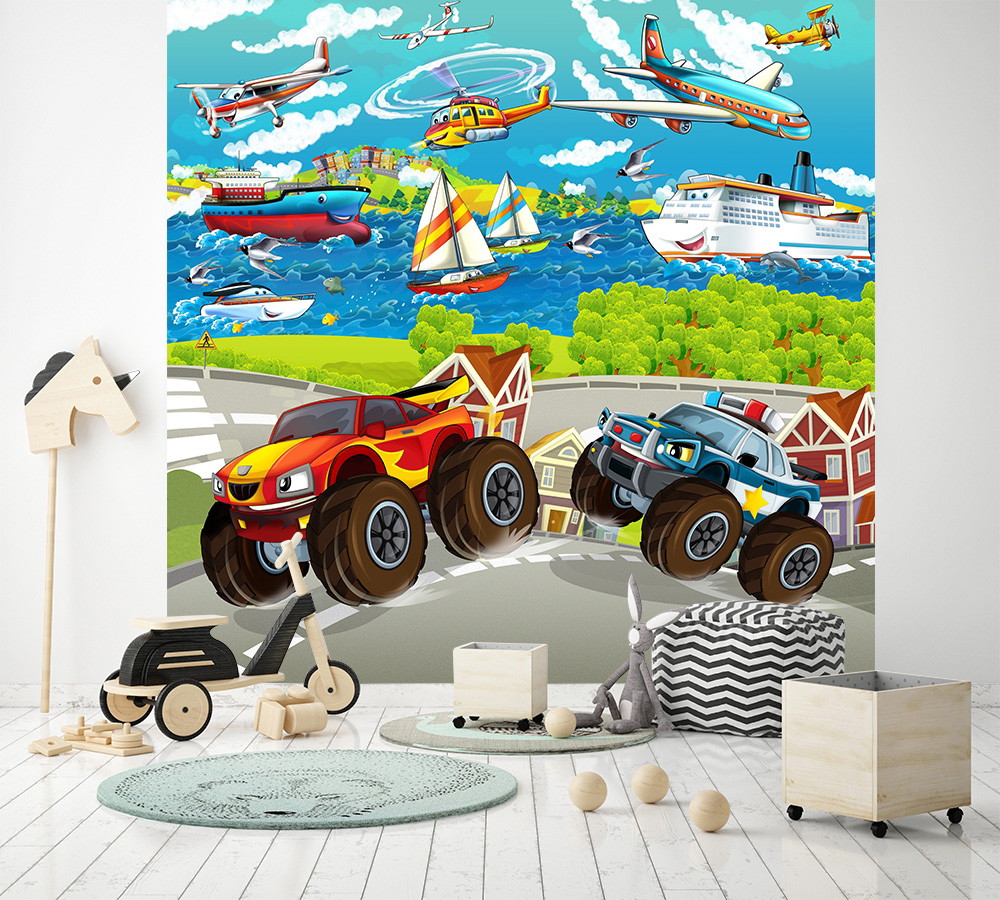 Fototapete - Fröhliche Szenerie mit Monstertrucks, Flugzeugen und Schiffen in einer lebendigen Landschaft mit Häusern und Bäumen