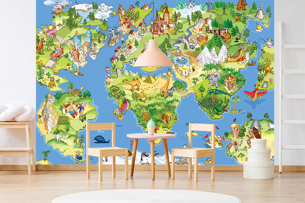 Fototapete - Verspielte Weltkarte für das Kinderzimmer mit fröhlichen Illustrationen von Tieren und berühmten Wahrzeichen
