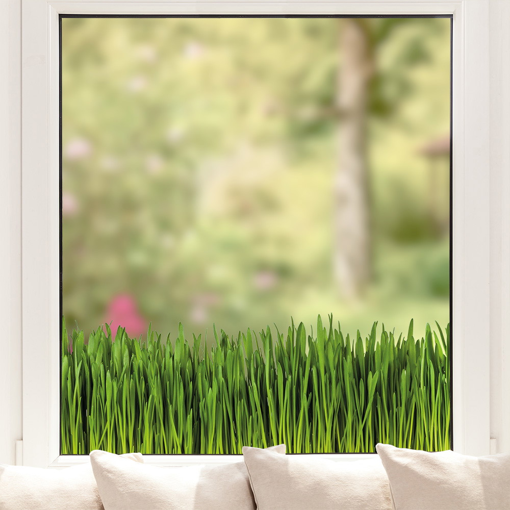 Fenstersticker - Fensteransicht mit grünem Gras im Vordergrund und unscharfem Garten im Hintergrund