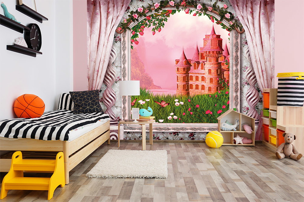 Wall mural - Children's room with fairytale castle and blooming garden on wallpaper, surrounded by playful decorations
