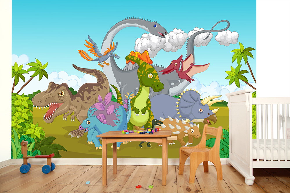 Fototapete - Cartoon-Dinosaurier in einer tropischen Landschaft im Kinderzimmer