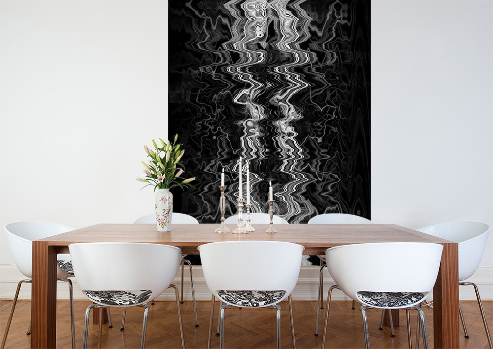 Wall mural - Dining room with modern abstract art wallpaper in black and white, elegant wooden table and stylish white chairs