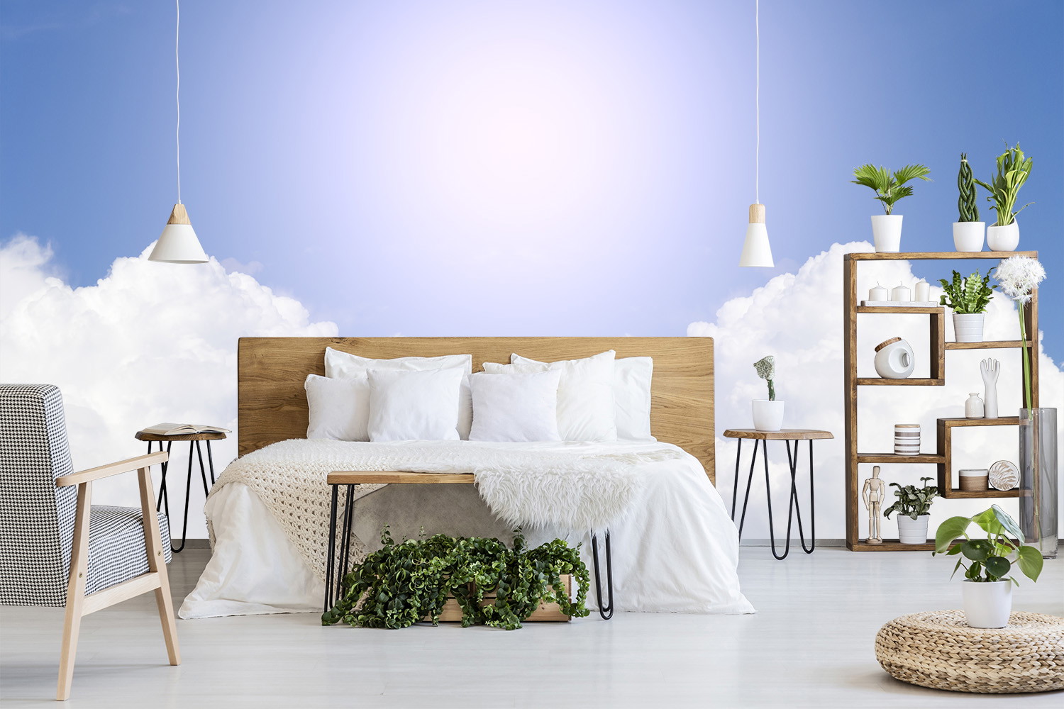 Fototapete - Gemütliches Schlafzimmer mit Holzbett, hellem Bettzeug, modernem Holzregal und Himmelshintergrund mit Wolken.
