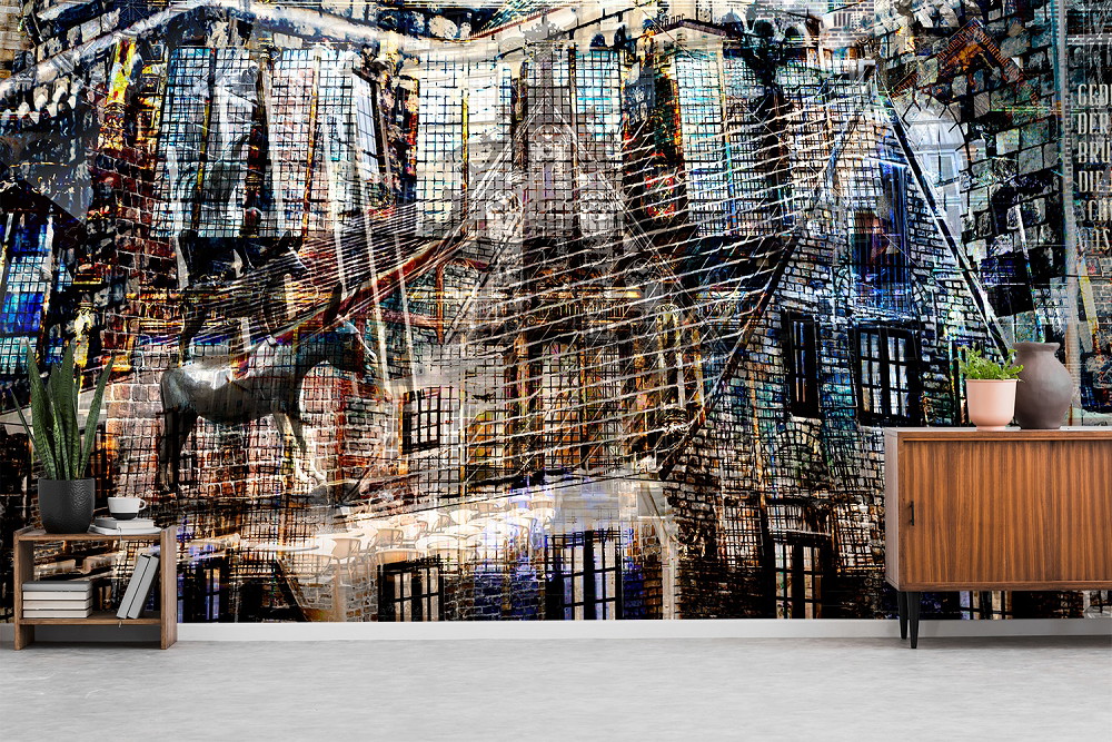 Papier peint photo - Paysage urbain abstrait avec cheval et éléments industriels au design artistique
