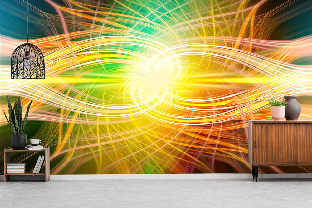 Fototapete - Bunte Lichtwellen in einem modernen Raum mit Regal, Pflanzen und Holzmöbeln